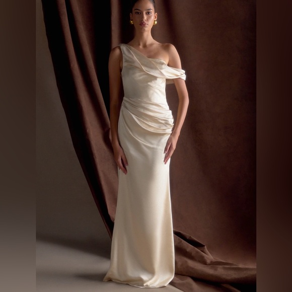 Meshki Dresses & Skirts - NWT Meshki Dalia Blush Gold One-Shoulder Draped Maxi Gown